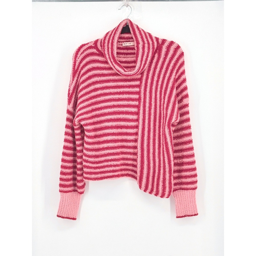 Womens Retro Striped Fuzzy Cowl Neck Sweater 80s Prep Happy Cozy Coquette Size S